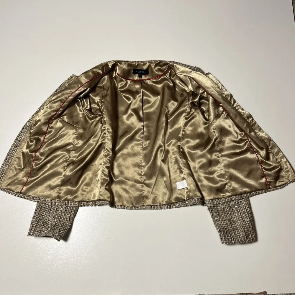 Talbots Tweed Jacket Size 12 Brown & Metallic Woven Full Zip Lined Career Blazer